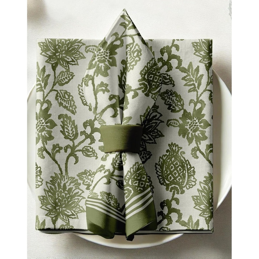 Vargottam 12-Pack Luxury Cotton Twill Napkins 20" - Olive Green Floral